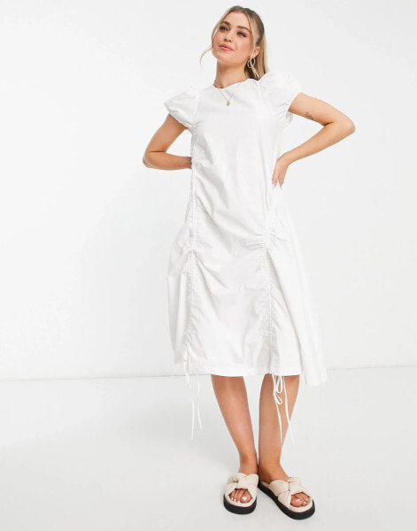 Urban Revivo ruched detail smock midi dress in off white