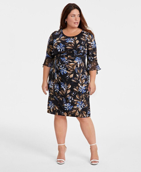 Plus Size Floral Side-Ruched 3/4-Sleeve Dress