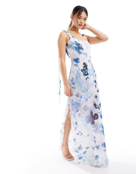 NA-KD frill hem maxi dress in blue print