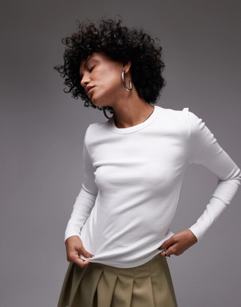 Calvin Klein Jeans Slim Ribbed Long Sleeve Top in Bright White