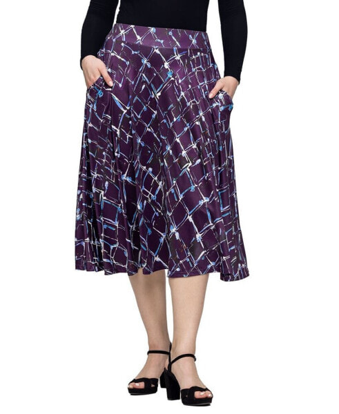 Women's Purple Print Elastic Waist Pocket Midi Skirt