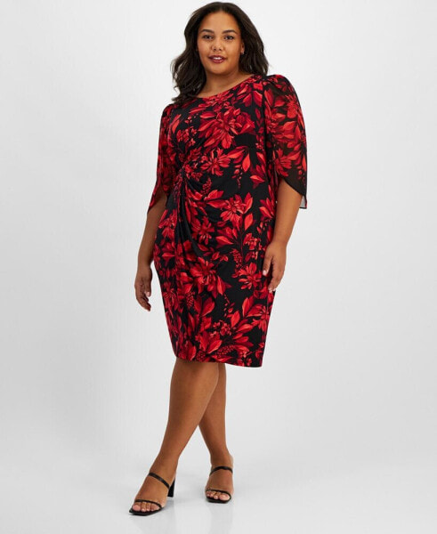 Plus Size Floral-Print 3/4-Sleeve Faux-Wrap Dress