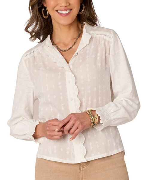 Petite Embroidered Scalloped-Trim Blouse