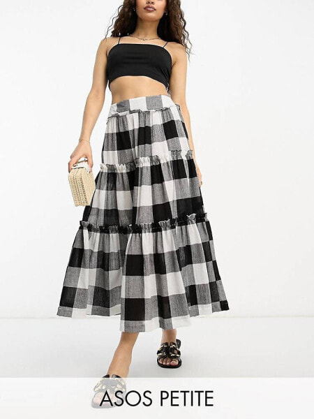 ASOS DESIGN Petite tiered midi skirt in mono gingham 