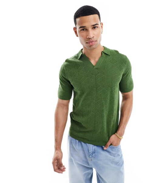 ASOS DESIGN knitted crochet notch neck polo in khaki