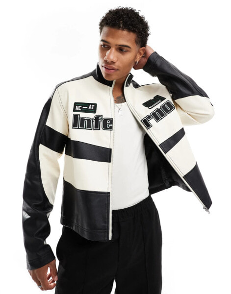 ASOS DESIGN – Oversize-Motocross-Jacke aus Kunstleder in Schwarz-Weiß