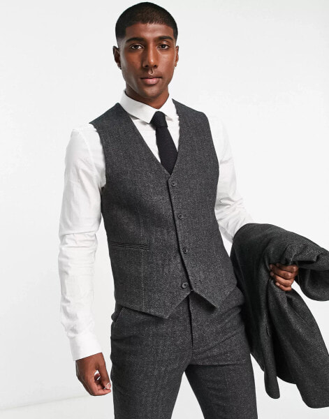 ASOS DESIGN skinny wool mix suit waistcoat in charcoal herringbone