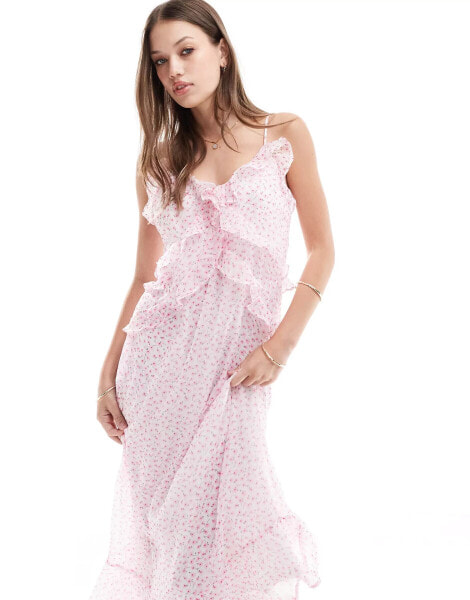 Vero Moda v neck midi cami dress with frill details in pink floral