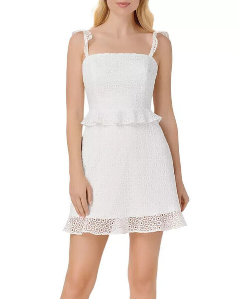 Aidan Mattox Lace Fit Flare Eyelet Ruffle Dress Ivory 0