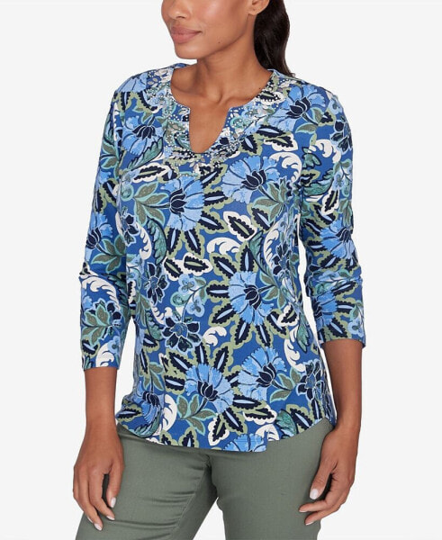 Petite Embellished Split Neck Floral Printed Knit Top