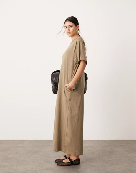 ASOS EDITION premium t-shirt maxi dress with pockets in khaki