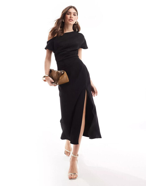 Nobody's Child Premium Katty one shoulder midi dress in black