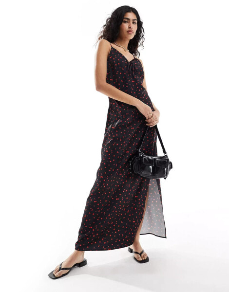 Selected Femme cami maxi satin dress with ruched detail in floral print