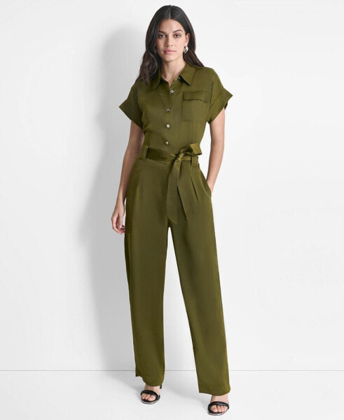 Women's Tie-Waist Button-Front Short-Sleeve Utility Jumpsuit