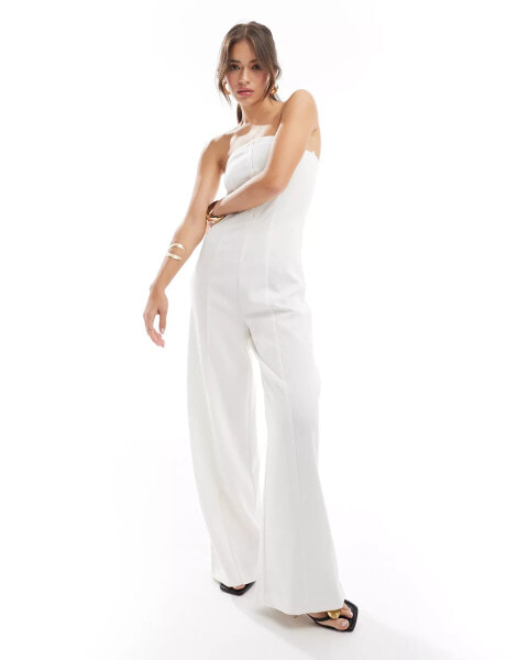 Pimkie tailored bandeau eyelet detail wide leg jumpsuit in white