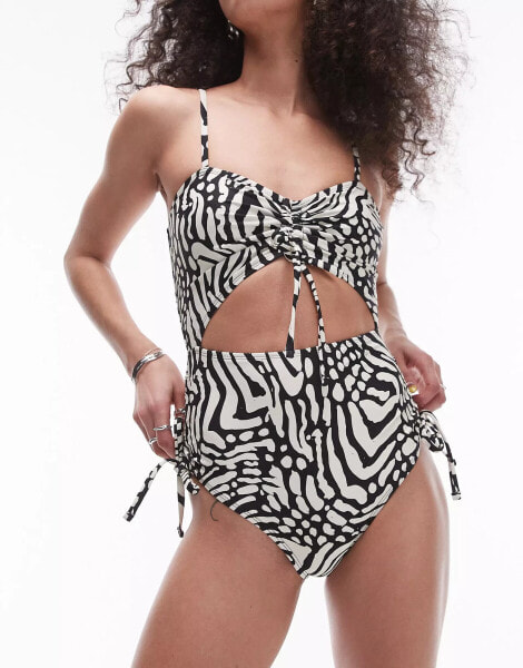 Topshop cut out swimsuit in mono animal print