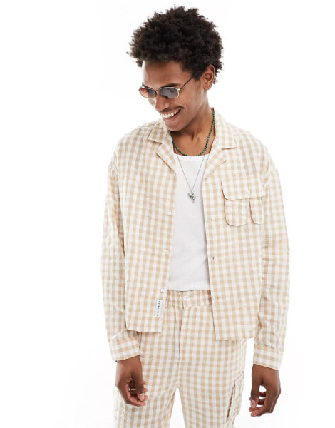 Native Youth cropped oversized fit textured check shirt in light beige