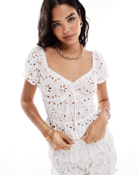 ASOS DESIGN babydoll ruched crop top co-ord in white broderie