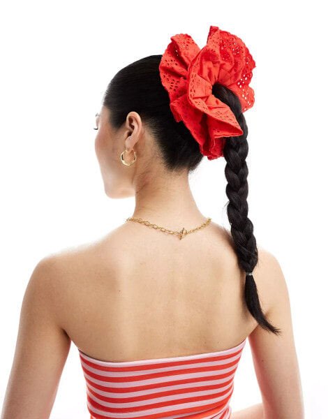 ASOS DESIGN scrunchie hair tie with broderie design in red