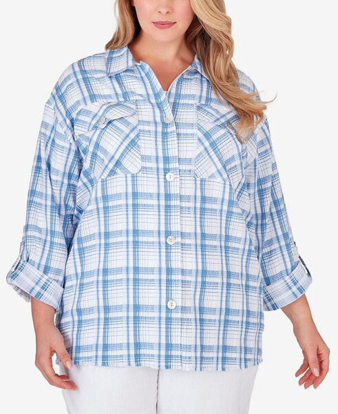 Plus Size Button Front Shirt Collar Light Weight Plaid Jacket