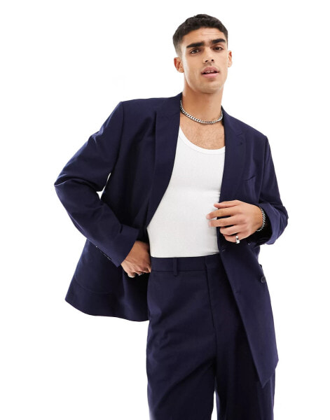 ASOS DESIGN oversized suit jacket in slubby texture in navy