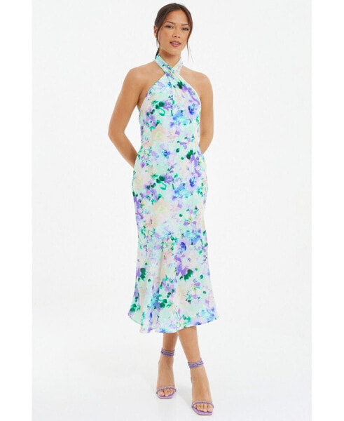 Women's Floral Crepe Halter Neck Midi Dress