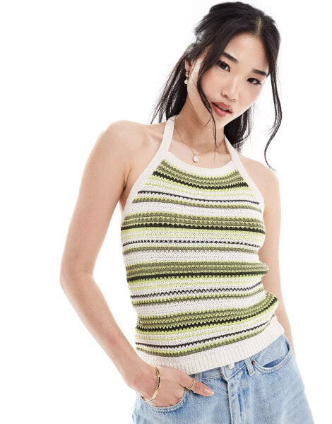 ONLY knitted halter neck top in beige & green stripe