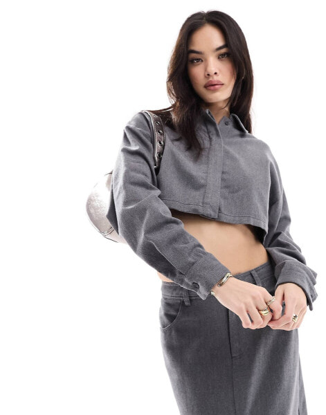 ASOS DESIGN brushed flannel crop shirt in grey co-ord