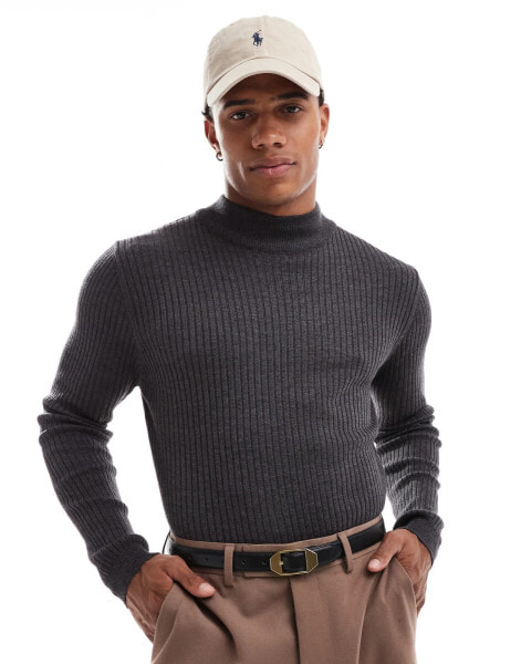 Brave Soul cotton ribbed turtle neck jumper in dark grey