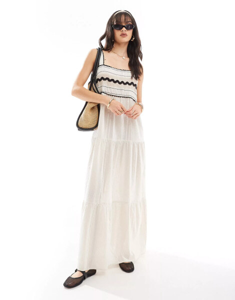 ONLY woven detail tiered maxi dress in beige & black