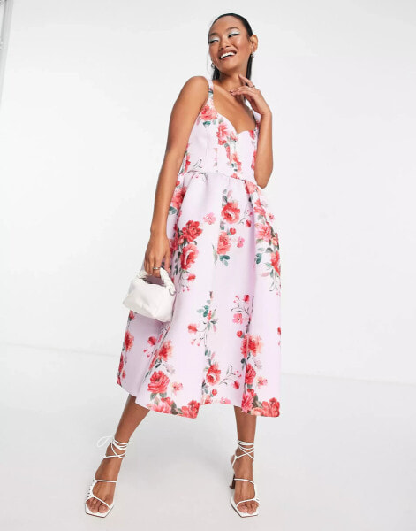 ASOS DESIGN corset floral midi prom dress in lilac floral