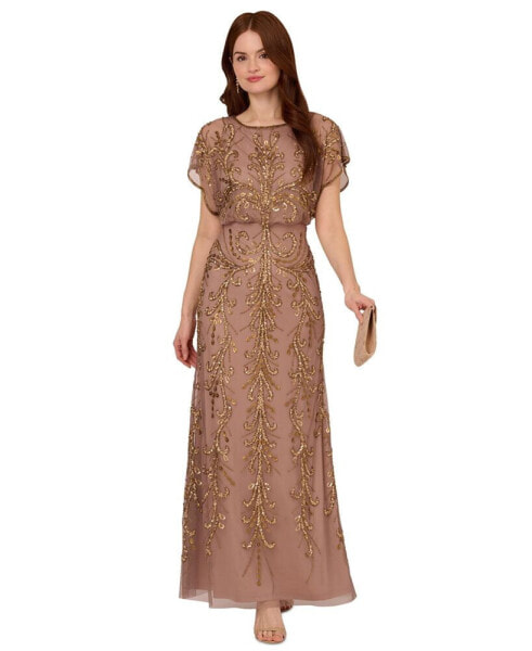 Women's Beaded Blouson-Sleeve Gown