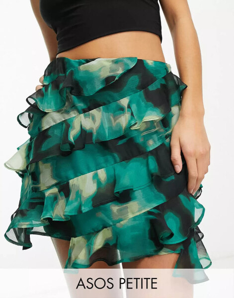 ASOS DESIGN Petite ruffle chiffon mini skirt in green abstract print