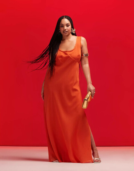 ASOS DESIGN Curve scoop neck raw edge bias maxi dress in burnt orange