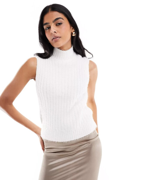 Wednesday's Girl fluffy rib funnel neck sleeveless jumper in cream