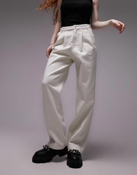 Topshop button tab detail straight leg trouser in ecru