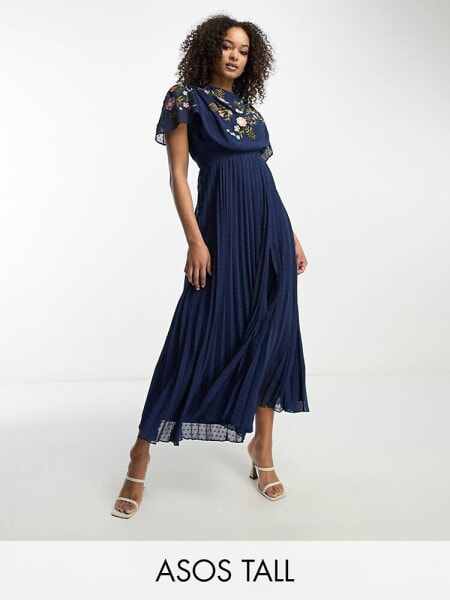 ASOS DESIGN Tall pleated dobby cowl front embroidered midi dress in navy