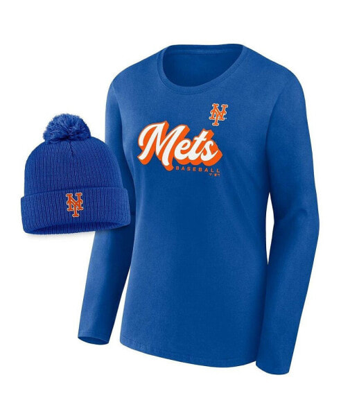 Women's Royal New York Mets Run The Bases Long Sleeve T-shirt and Cuffed Knit Hat with Pom Combo Set