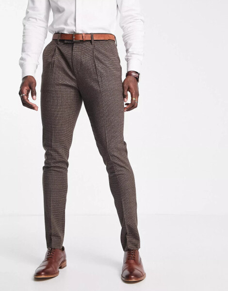 Noak skinny suit trousers in brown puppytooth check virgin wool blend with two way stretch