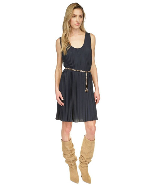 Women's Pleated Belted Tank Dress