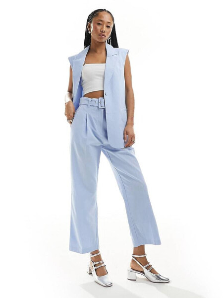 ASOS DESIGN straight leg trousers with linen with belt in light blue