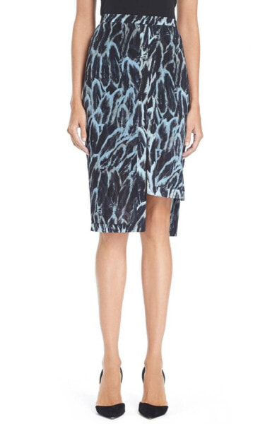 Halston Heritage Women's Feathers print Chiffon Skirt Black Blue Size 8