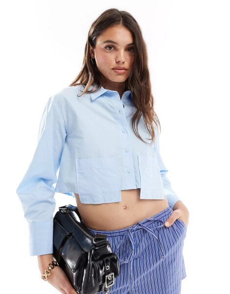 Miss Selfridge poplin cropped dropped pocket shirt in blue