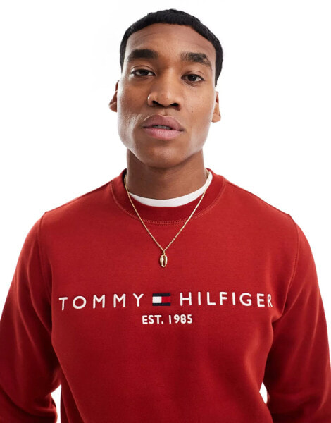 Tommy Hilfiger Logo Embroidery Crew Neck Sweatshirt in Dark Red