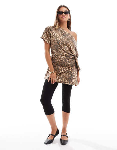 ASOS DESIGN cinched in slash neck one shoulder top in leopard print