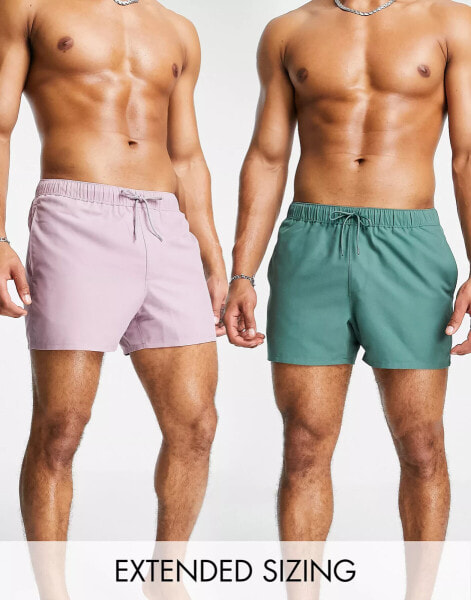 ASOS DESIGN 2 pack swim shorts in short length in dark green/purple SAVE