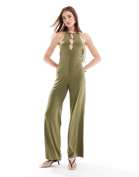 ASOS DESIGN cut out front bead detail wide leg jumpsuit