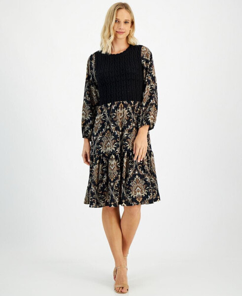 Petite Mixed-Media Long-Sleeve Dress