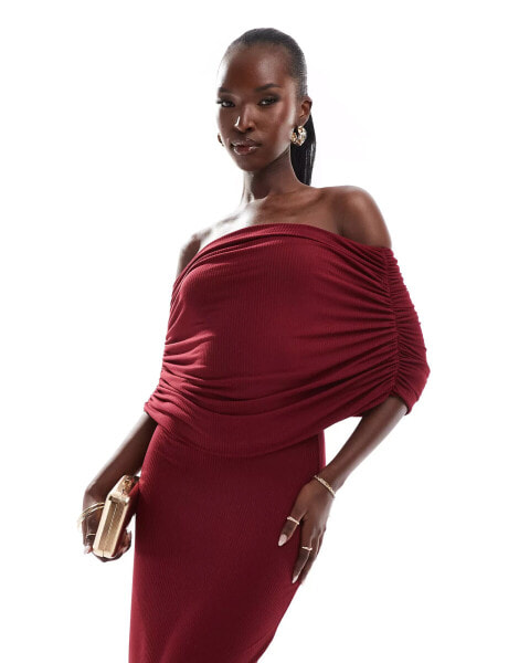 ASOS DESIGN ribbed bardot sleeveless maxi dress in burgundy