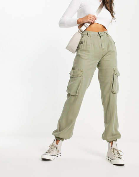 Miss Selfridge cargo pant with elasticated hem in khaki